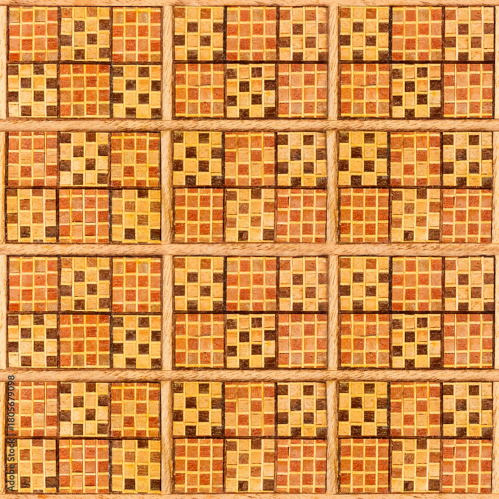 Fototapeta premium Seamless 4k photo texture of oak wood veneer tile ornament surface material. Baroque style furniture pattern.