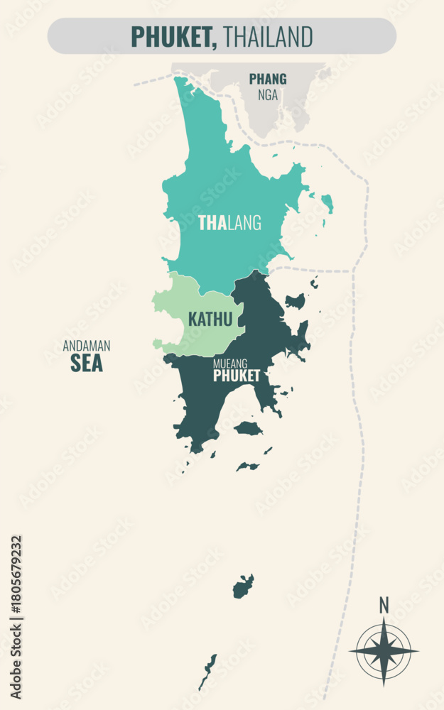 Obraz premium A map showing Phuket Thailand divided into districts in a minimalist colorful style