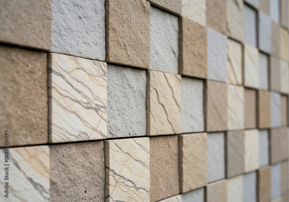 Fototapeta premium Textured natural stone tiles forming a modern geometric 3D wall pattern