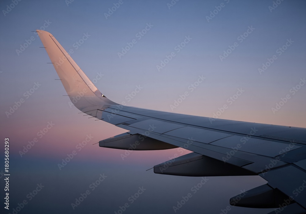 Obraz premium Sleek airplane wing silhouette against a vibrant twilight sky during high altitude flight.