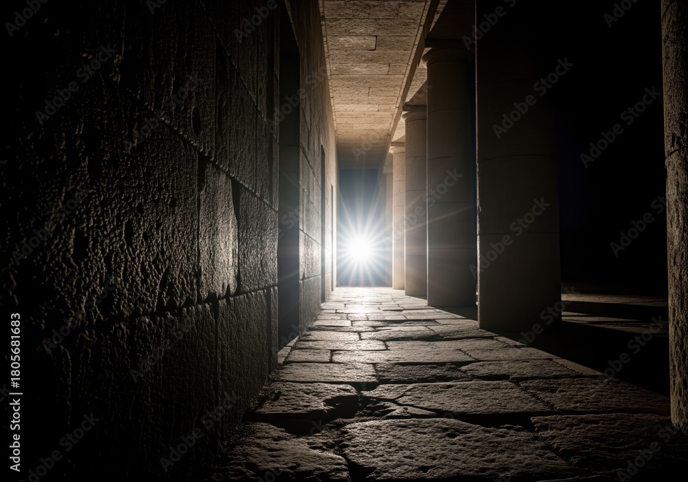 Obraz premium Dramatic light at the end of a long dark stone corridor with ancient columns