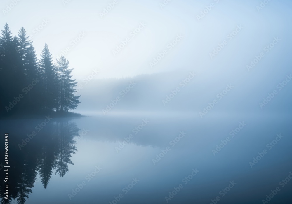 Fototapeta premium Tranquil lake reflecting a dark forest shore covered in thick blue morning fog