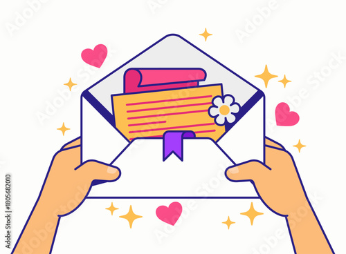 Hands holding an open envelope filled with letters, hearts, and sparkles cartoon cute illustration vector