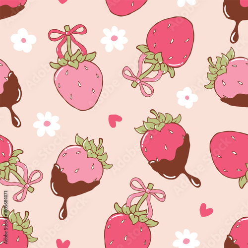 Chocolate Strawberries Seamless Pattern, Valentine Strawberry Digital Paper, Trendy Valentine Chocolate Fabric Design Vector
