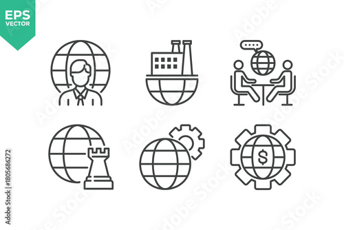 Set Of Global Business Icons. Outline Symbols Elements Collection.