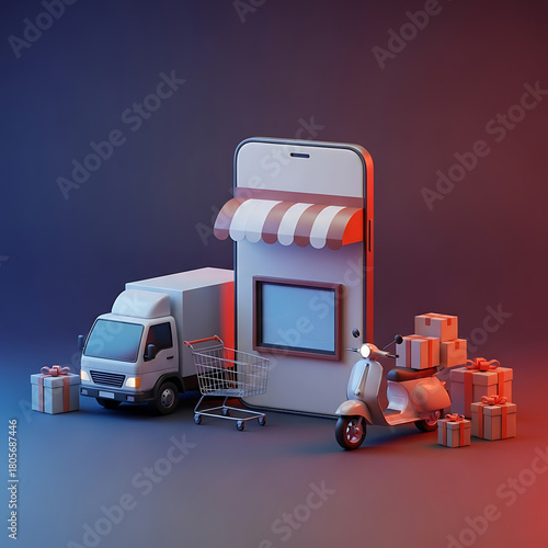 Online Shopping Delivery Truck and Scooter with Gifts, cyber monday, cyber monday shoping,