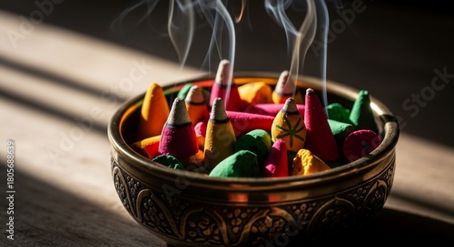 Colorful Aromatic Incense Cones Burning in a Decorative Bowl.