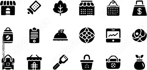 A collection of solid glyph icons representing grocery shopping, retail business, e-commerce, and fresh food items for user interface design