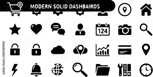 Vector collection of universal black glyph icons for digital projects, featuring essential symbols for business, technology, and user interface design