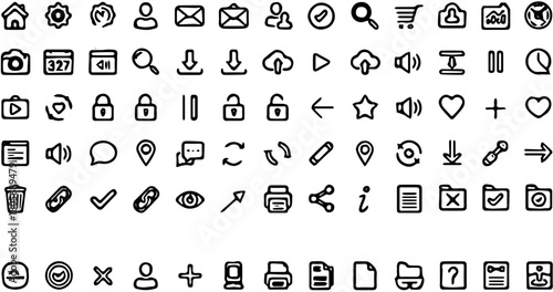 A comprehensive set of sketchy, hand-drawn user interface icons for web and mobile development, featuring common symbols for navigation, settings, and media