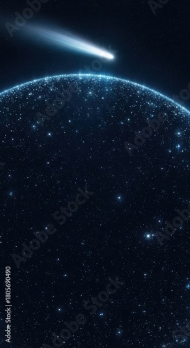 Fototapeta Naklejka Na Ścianę i Meble -  Bright comet streaking across starry sky above glowing planet cosmic mobile wallpaper for AMOLED screens