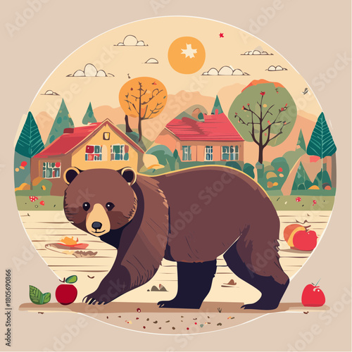 人里に現れる熊のベクターイラスト アーバンベアと社会問題  注意喚起