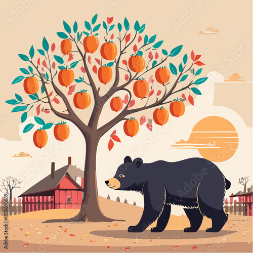 人里の柿の木に現れる熊のイラスト アーバンベアと社会問題  注意喚起