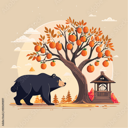 人里の柿の木に現れる熊のイラスト アーバンベアと社会問題  注意喚起