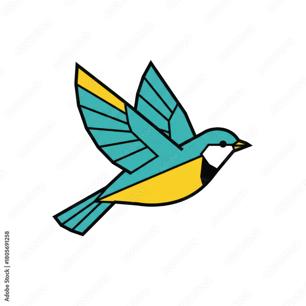 Fototapeta premium A stylized geometric illustration of a small blue and yellow bird flying with spread wings.