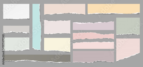 White, yellow torn note, notebook paper pieces are on dark grey background for text, advertising or design. Vector illustration