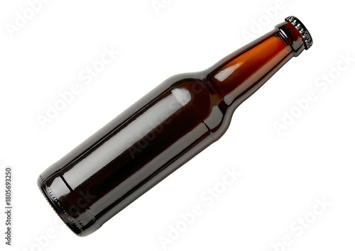 Angled brown glass bottle with silver cap, dark background