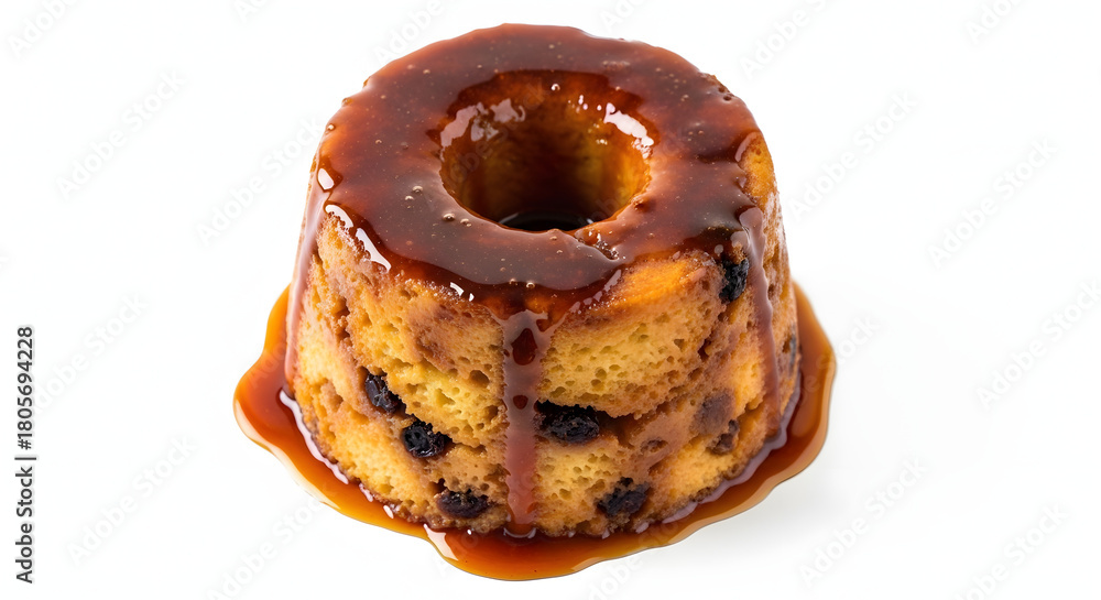 Fototapeta premium Round fruit pudding with caramel sauce