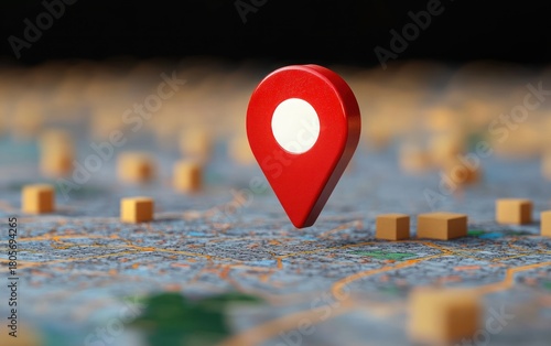 Fototapeta Naklejka Na Ścianę i Meble -  red location pin hovering above a detailed city map with small wooden blocks marking sites, evoking focus, discovery and precise positioning