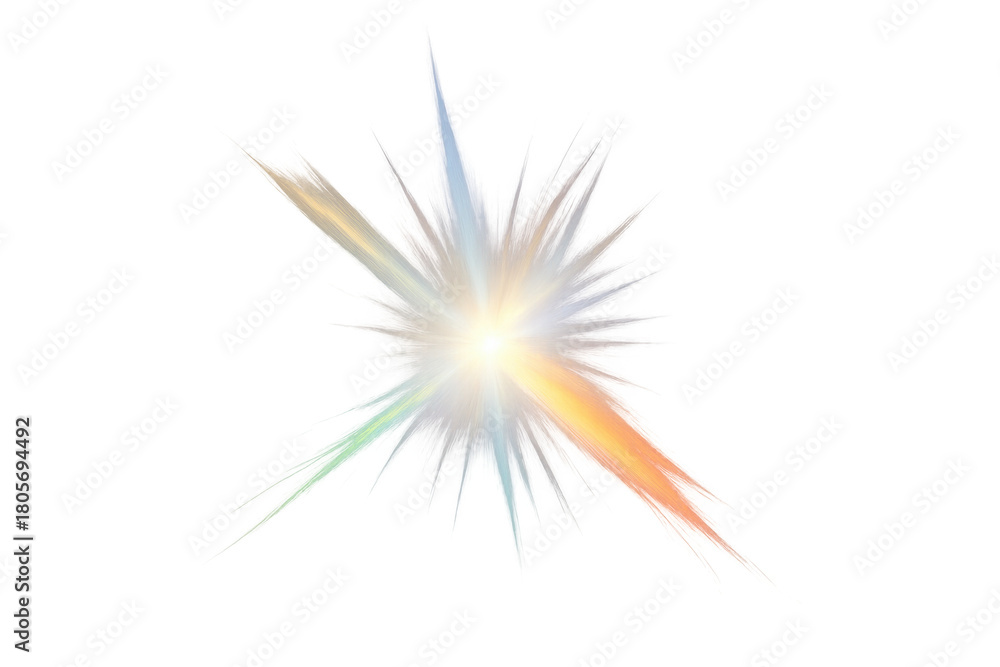 Fototapeta premium Bright colorful starburst light effect with long rays, shining glow, and spark, creating abstract flare on transparent background