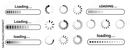 Set of vector loading bar progress icons. Download progress icons. Collection Loading status. Vector illustration. 