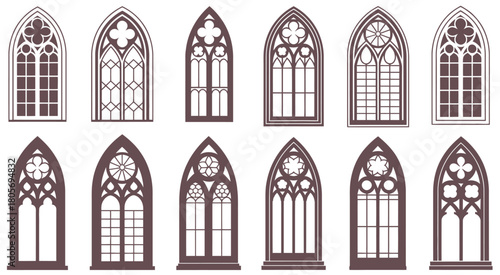 Gothic arched windows with detailed decorative tracery, elegant mullions and medieval architectural styling, isolated on transparent background for church restoration and historical design projects.