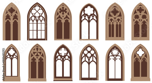 Gothic architectural arched window artwork with ornate tracery, detailed mullions and historic design elements isolated on transparent background for restoration and medieval themed graphics.