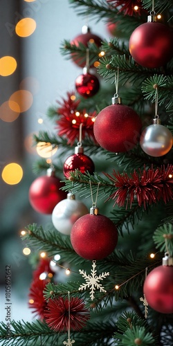Christmas tree adorned with red and silver ornaments, snowflakes, warm lights, festive holiday cheer.