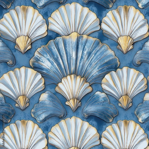 elegant repeating decorative scallop shells and fan motifs with blue, white, and gold metallic texture conveying a calm luxurious mood