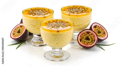 Three glasses of passion fruit mousse with fresh fruit