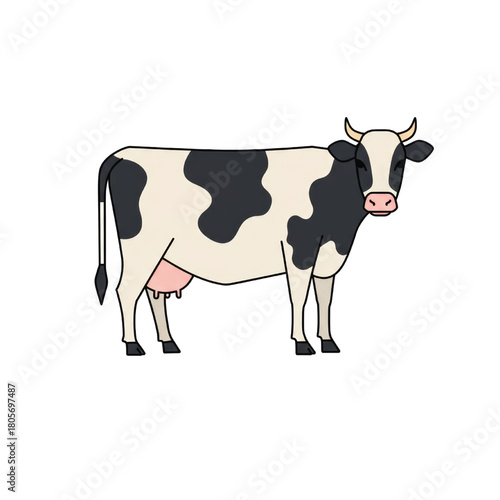 Cartoon illustration of a black and white cow standing on a white background, showing details.