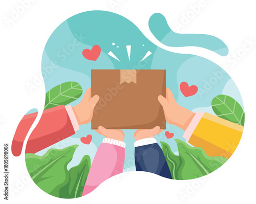 Illustration of diverse hands holding a donation box with hearts, symbolizing charity, community support, and love