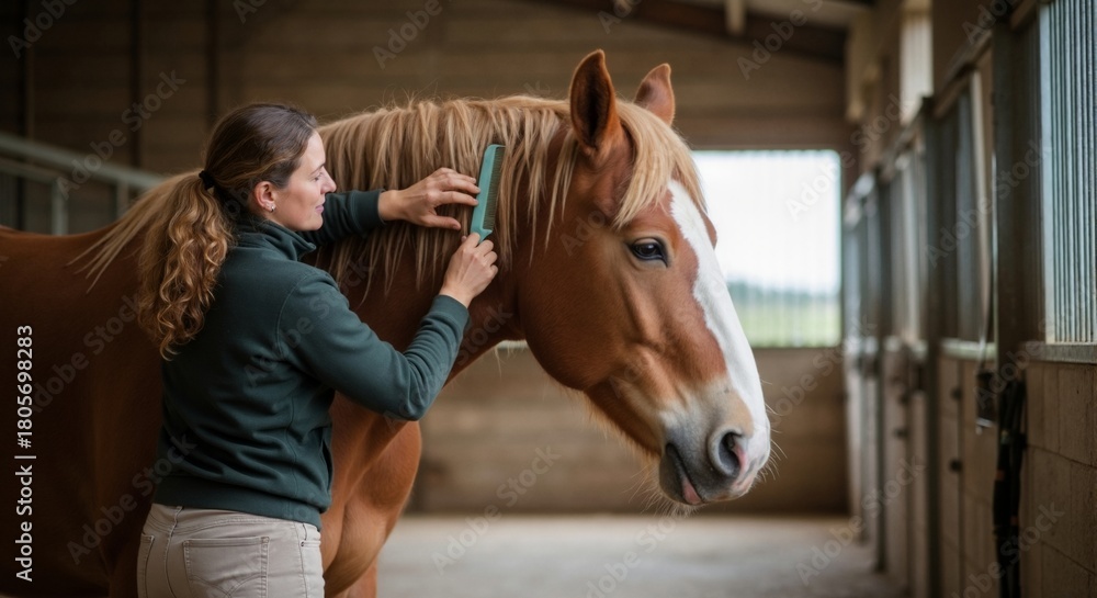 Fototapeta premium Equestrian care scene: woman brushing chestnut horse’s mane in stable, animal grooming and barn routine