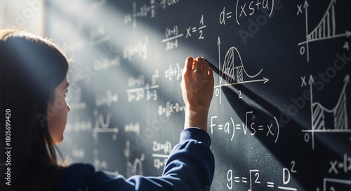 Intelligent woman solving advanced calculus problems on a chalkboard.