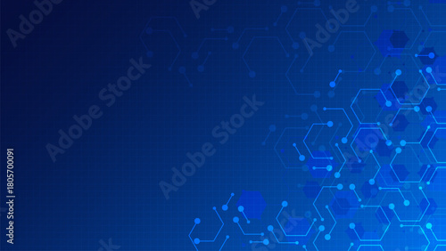 Blue Futuristic Technology Network Background With Hexagon Grid. Abstract Cube Hexagon Shape Background. Digital Technology Concept