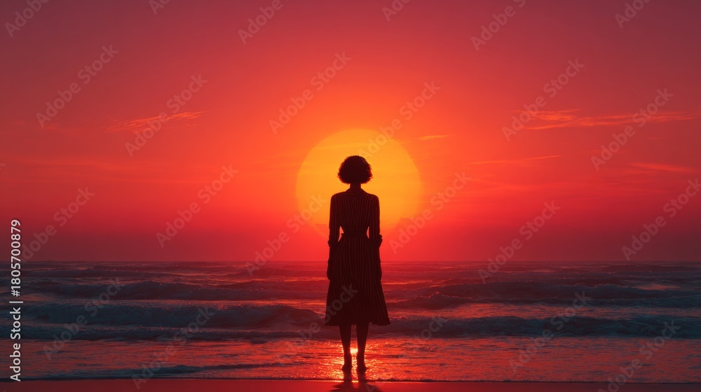 Fototapeta premium Reflective moments: serenity with the setting sun. Poster graphics. Oceanic serenity: woman in silhouette at crimson sunset. Movie cover. Drama poster.