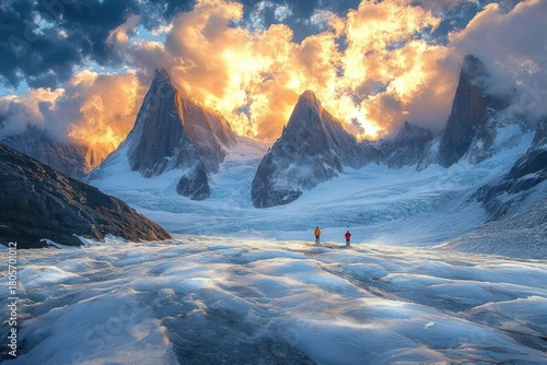 two hikers crossing a blue glacier toward jagged snow-covered peaks under a fiery glowing sky, evoking awe and adventurous solitude