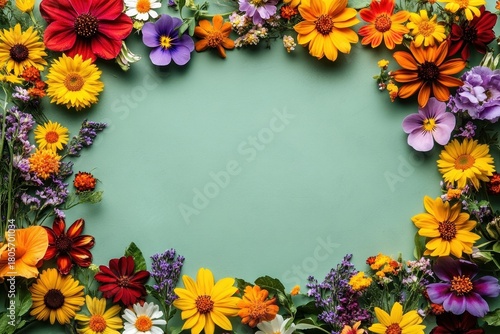 bright cheerful floral border of mixed colorful blooms including daisies, pansies, marigolds and lavender on a soft mint green background