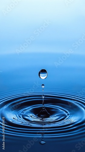 single water droplet suspended above a calm blue surface with concentric ripples and a reflective splash evoking serenity and stillness