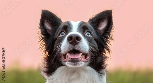 Joyful black and white dog with perked ears and bright eyes looking up, mouth open in a happy smile against a soft pink backdrop and blurred green grass