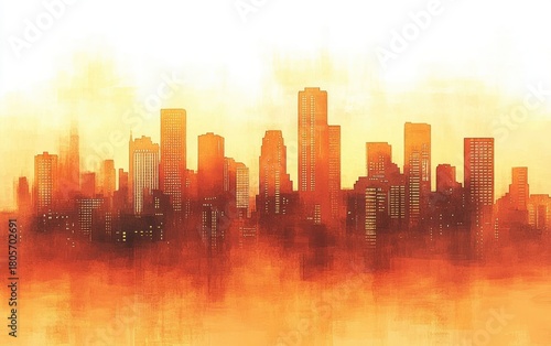 orange city skyline of tall skyscrapers emerging from glowing mist at sunrise, warm dreamy atmospheric urban scene