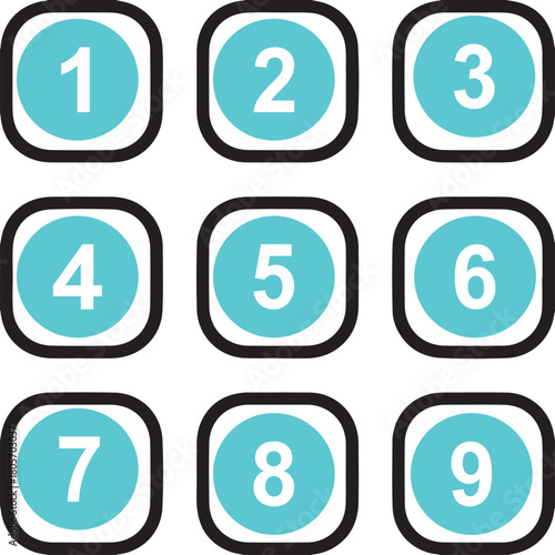Nine digit number pad vector with turquoise buttons and white numerals for security or input interface