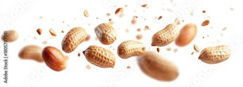 Mid-air peanuts in shells and loose kernels with scattered shell fragments on white background, energetic and playful motion
