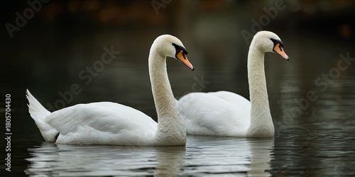 Fototapeta Naklejka Na Ścianę i Meble -  Elegant swans swimming gracefully together in serene waters, showcasing beauty and tranquility in a romantic setting ideal for nature lovers and wildlife enthusiasts