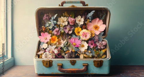 open vintage blue suitcase overflowing with pastel wildflowers and greenery on a wooden windowsill, evoking nostalgic joyful whimsy