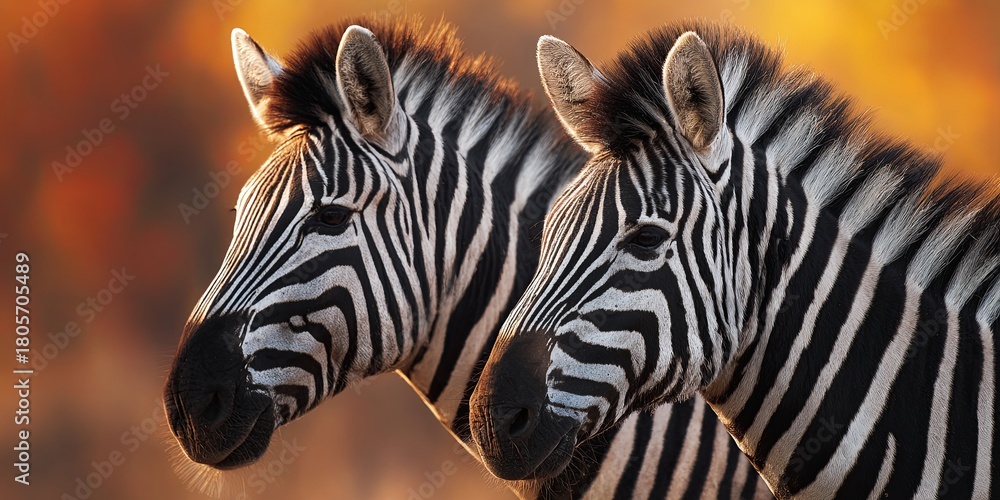 Obraz premium Two Zebras with Striking Black and White Stripes Against a Colorful Background in Nature, Showcasing Animal Behavior and Wildlife Beauty