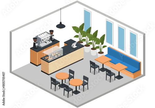 Modern isometric coffee shop interior featuring a wooden counter with espresso machine, pastry display, cozy blue seating, and decorative indoor plants