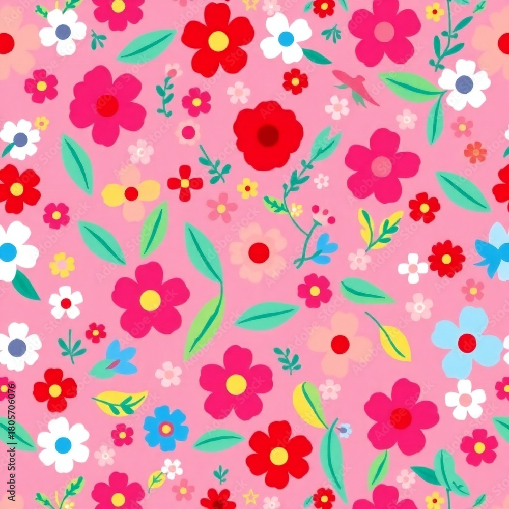 Fototapeta premium Vibrant pink floral pattern with assorted colorful flowers and green leaves