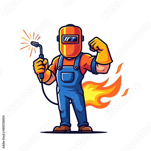 Cartoon Welder Mascot with Orange Helmet Blue Overalls and Fiery Flair