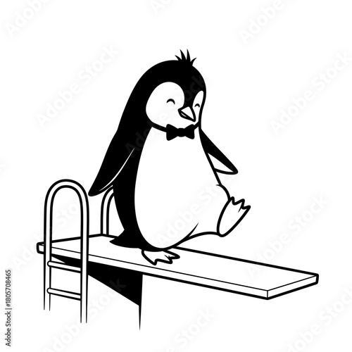 Dapper Penguin Preparing to Dive Off the Diving Board with Confidence